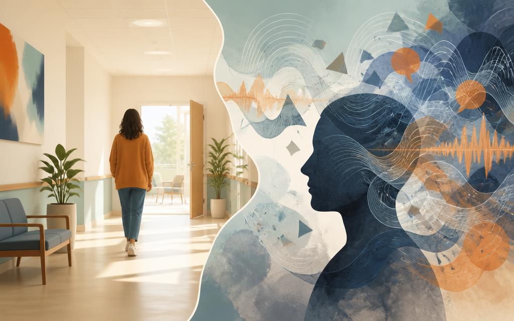 Illustration contrasting calm outpatient care with abstract hallucination and delusion experiences
